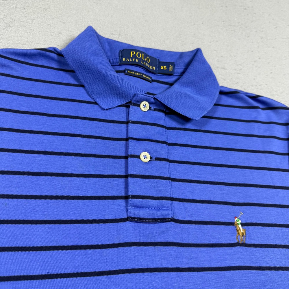 Polo Ralph Lauren Mens XS Blue Striped Pima Soft Touch Cotton Polo Shirt